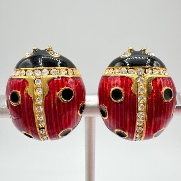 Vintage MULTILANA Ladybug Clip On Earrings Chunky Insect Bug Good Luck Lucky Fun - Picture 1 of 16